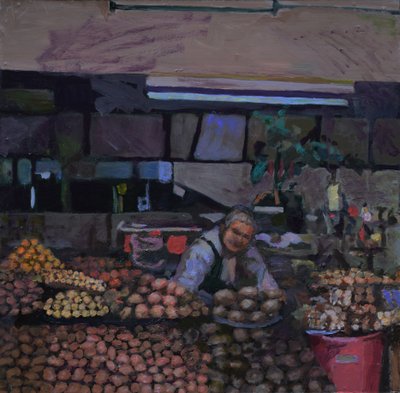 Bancarella di patate (Quito, Ecuador), 2015 (olio su tavola) da Trevor Burgess
