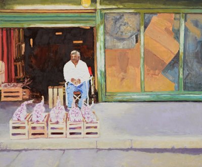 Vendere aglio (San Juan, Argentina), 2016 (olio su tavola) da Trevor Burgess