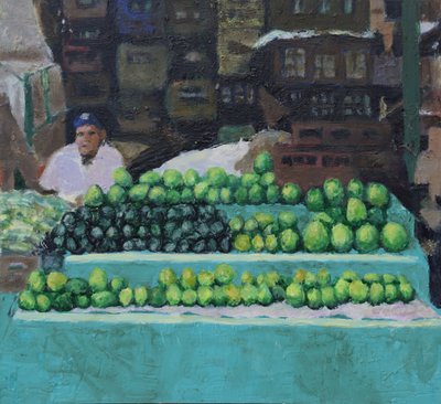 Vendita di mango e avocado (Bogotá, Colombia), 2016 (olio su tavola) da Trevor Burgess
