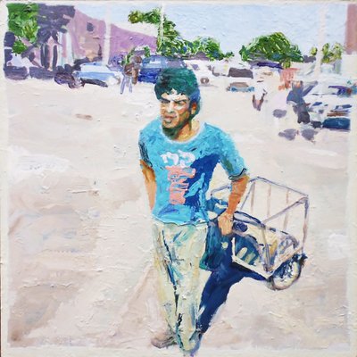 Uomo del carrello (San Juan, Argentina), 2014 (olio su tavola) da Trevor Burgess