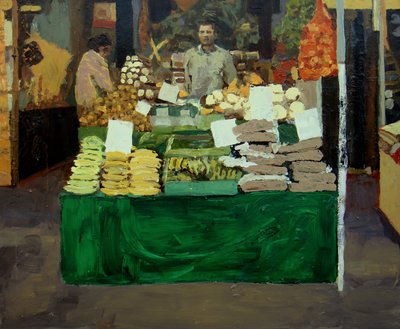Bancarella di verdure (Deptford, Londra), 2009 (olio su tavola) da Trevor Burgess