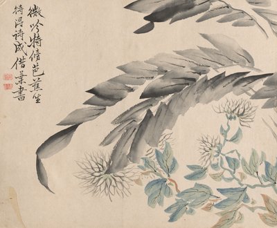 Crisantemi e foglie di un gelso da Tsubaki Chinzan