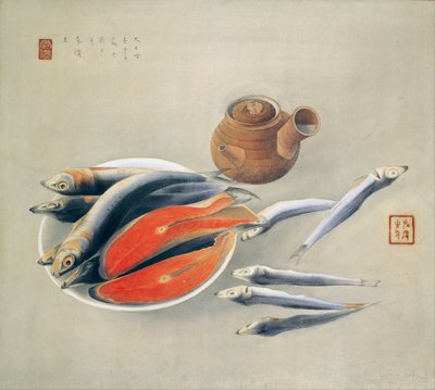 Natura morta. Fette di salmone e sardine, 1924 da Tsuchida Bakusen