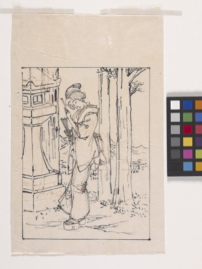 Disegno di una giovane donna accanto a una lanterna di pietra da Tsukioka Yoshitoshi