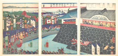 Hideyoshi e le sue truppe lasciano il campo di Nagoya (Mashiba Hideyoshi kō nagoya jin saki te no shoshō kuridashi no zu) da Tsukioka Yoshitoshi