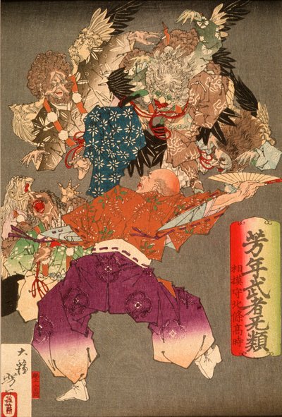 Hōjō Takatoki, signore di Sagami, mentre respinge i tengu con il suo ventaglio da Tsukioka Yoshitoshi