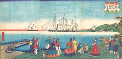Illustrazione di un Grande Porto Francese che Commercia con Molte Nazioni Furansukoku oomi..., 4° mese, 1866 da Tsukioka Yoshitoshi