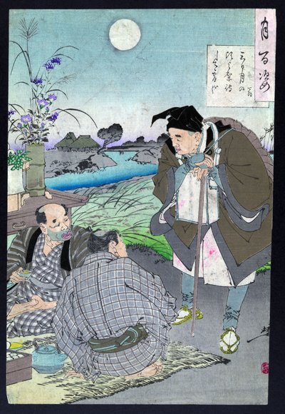 Poeta giapponese Basho Matsuo che parla con due uomini da Tsukioka Yoshitoshi