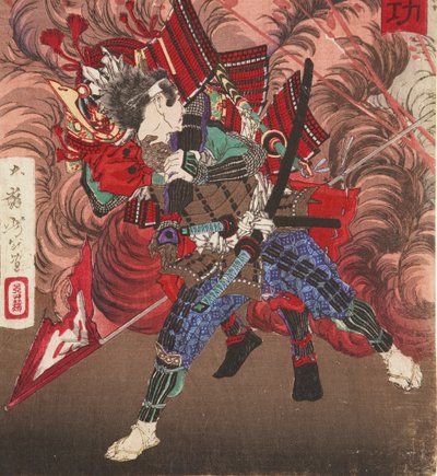 Okubo Hikozaemon che salva Tokugawa Ieyasu sul campo di battaglia, 1881 da Tsukioka Yoshitoshi