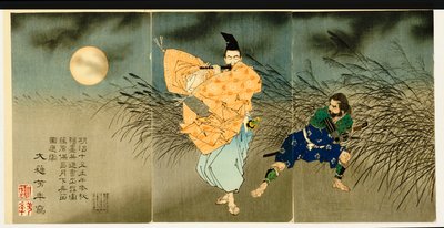 Trittico di "Fujiwara No Yasumasa che suona il flauto al chiaro di luna" da Tsukioka Yoshitoshi