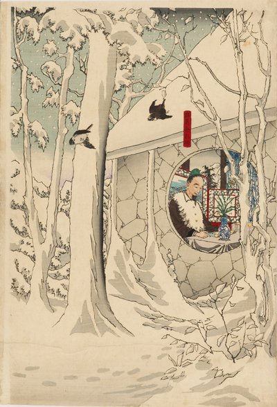 Stampa a Blocchi di Legno - Gentoku che Visita Komei nel suo Rifugio, in una Tempesta di Neve, fine XIX secolo da Tsukioka Yoshitoshi