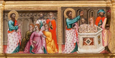 Predella con la vita di San Bartolomeo, che fa esorcismi e battezza, (dettaglio) dalla Vergine e bambino circondati da angeli e santi da Turino Vanni