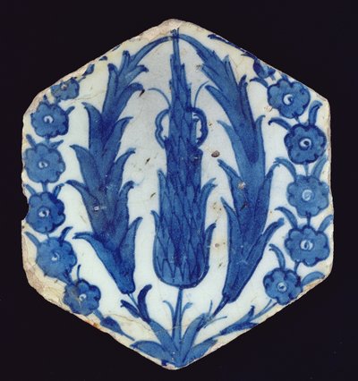 Piastrella esagonale di Isnik con cipressi e un pruno, 1560-70 da Turkish School
