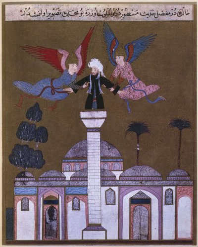 Gesù Cristo portato da due angeli dal minareto della moschea di Damasco, da Zubdet ut Tevarih di Lokman, 1583 da Turkish School