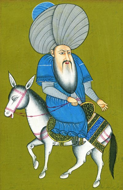 Nasreddin Hodja che cavalca il suo cavallo al contrario da Turkish School