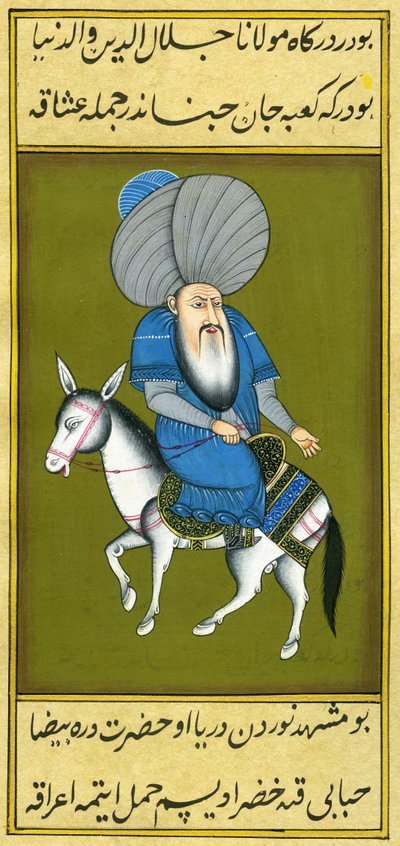 Nasreddin Hodja che cavalca il suo cavallo al contrario da Turkish School
