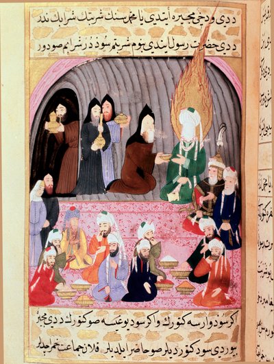Il Profeta Maometto (570-632) (volto coperto) in viaggio verso la Siria è accolto da monaci cristiani che gli servono un pasto. Miniatura turca del XVIII secolo. Museo Topkapi, Istanbul Turchia da Turkish School