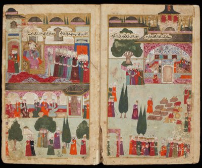 Incoronazione di Mehmed III nel Palazzo Topkapi nel 1595 dal manoscritto Campagna di Mehmed III in Ungheria da Turkish master