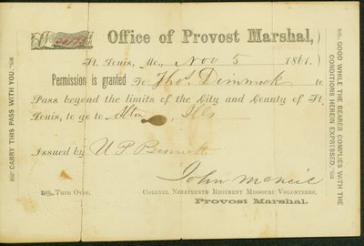 Pass militare di Thomas Dimmock, firmato U.P Bennett, 5 novembre 1861 da U. P. Bennett