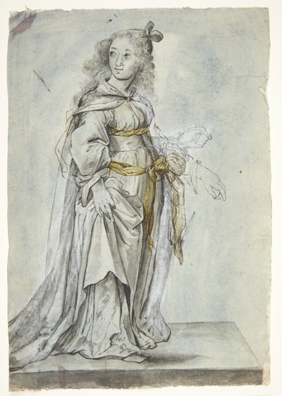 Figura femminile allegorica. Tutto il lato destro del contorno del corpo è corretto. Il braccio sinistro della donna è soggetto a pentimento da Ubekendt
