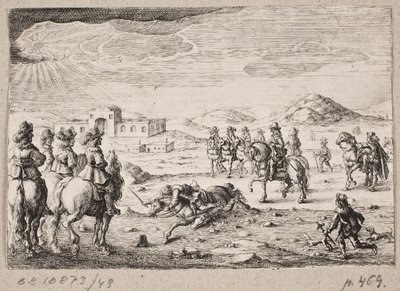 Cavalieri europei in un paesaggio aperto. Sullo sfondo un caravanserraglio da Ubekendt