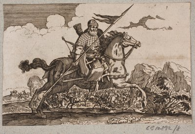 Cavaliere ottomano con lancia e arco. Sullo sfondo una battaglia di cavalieri da Ubekendt