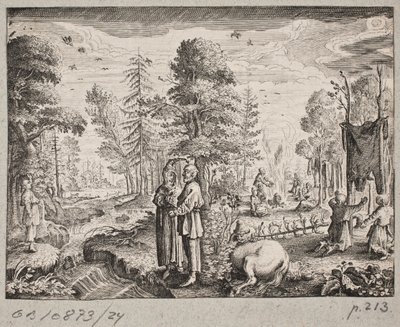 Scena di bosco con uomini sulla riva di un ruscello da Ubekendt