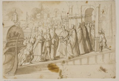 Re Enrico III, Doge Alvise Mocenigo e Cardinale San Sisto ricevuti dal patriarca veneziano Giovanni Trevisan al Lido di Venezia da Ubekendt Ubekendt