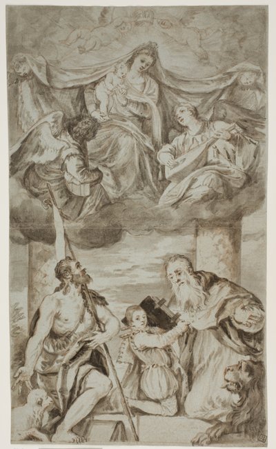 La Vergine e il Bambino tra angeli nelle nuvole con i Santi Giovanni Battista e Girolamo, dopo il dipinto di Paolo Veronese precedentemente in S. Francesco della Vigna, Venezia da Ubekendt Ubekendt