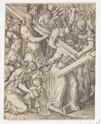 Cristo che porta la croce e il miracolo del velo di Veronica da Ubekendt efter Dirck Volckertsz. Coornhert efter Maarten van Heemskerck