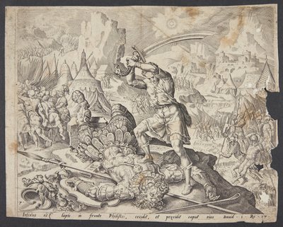 Abner presenta a Davide la testa di Golia per Saul da Ubekendt efter Maarten van Heemskerck