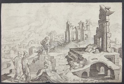 Giobbe sul letamaio con sua moglie e tre amici da Ubekendt efter Maarten van Heemskerck