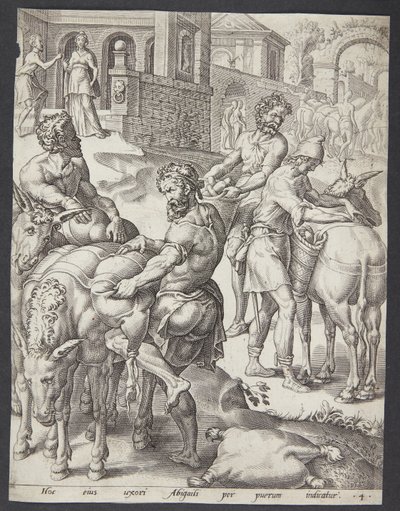 I servi di Abigail caricano gli asini con cibo per David da Ubekendt efter Maarten van Heemskerck