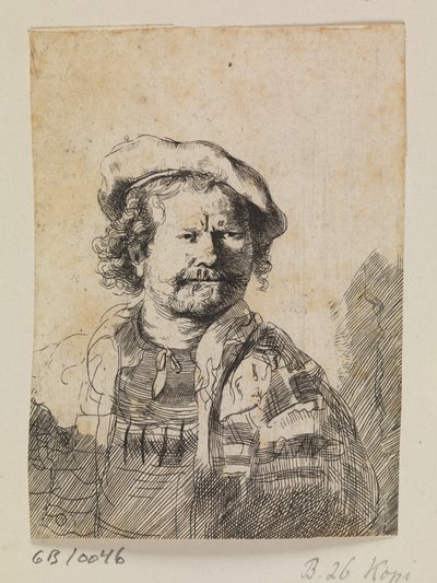 Rembrandt con un berretto piatto e un vestito ricamato da Ubekendt efter Rembrandt