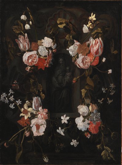 Cartiglio di pietra con la Vergine Maria e il Bambino Gesù in una nicchia circondata da una ghirlanda di fiori da Ubekendt flamsk 1600 tallet