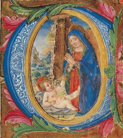 La Vergine in adorazione del Bambino in una iniziale C da Ubekendt florentinsk 1. tredjedel af 1500 tallet