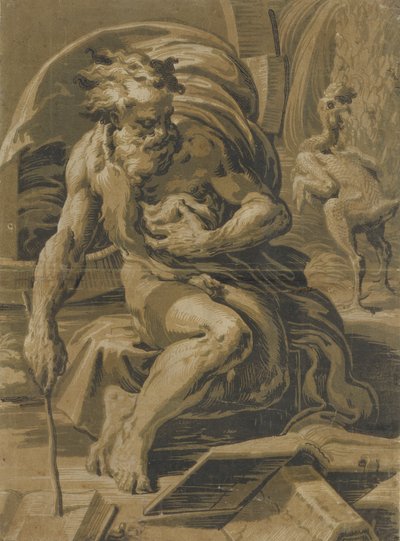 Diogene, seduto davanti al suo barile, legge un libro, un pollo spennato in piedi dietro, ca. 1527-30 da Ugo da Carpi