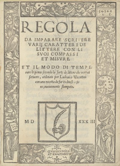 Regola per imparare a scrivere vari caratteri di lettere con i suoi compassi e misure: e il modo di temperare le penne... da Ugo da Carpi, Ludovico Arrighi