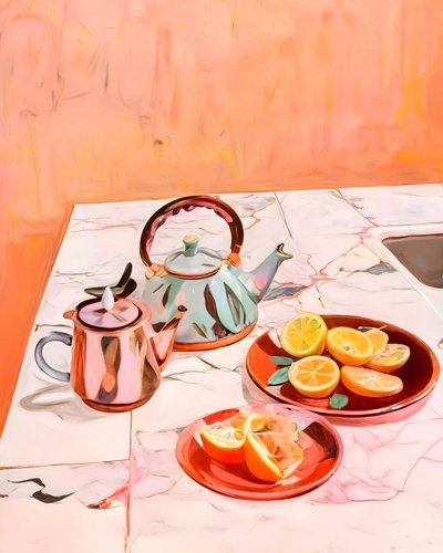 Teiere dai colori vivaci e limoni da Uma Gokhale