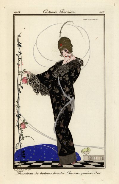 Donna con cappotto di velluto ricamato, capelli dorati in polvere da Umberto Brunelleschi
