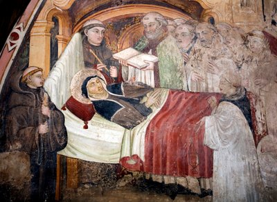 La morte di Santa Scolastica (v. 480-v. 543), sorella di San Benedetto da Norcia. È circondata da monaci benedettini. Affresco della scuola umbra del XV secolo. Monastero di San Benedetto (Sacro Speco), Subiaco (Roma), Italia da Umbrian School