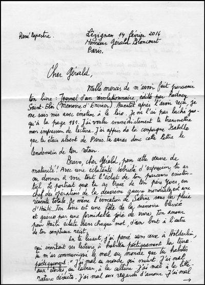 Lettere di René Depestre a pagina 1 sul suo libro Journal d