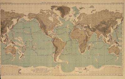 16 carte che illustrano le temperature oceaniche a diverse profondità, dai rapporti della crociera Challenger da Unbekannt