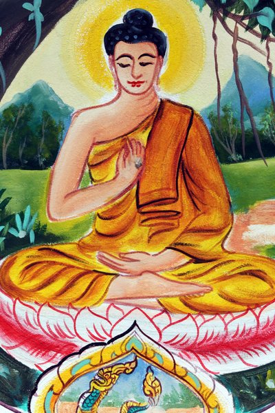Vientiane, Laos: tempio buddista Wat Inpeng, dipinto che raffigura la vita di Shakyamuni Buddha. Il Buddha insegnante raffigura un momento particolare della vita del Buddha, cioè il primo sermone che il Buddha tenne dopo aver raggiunto l