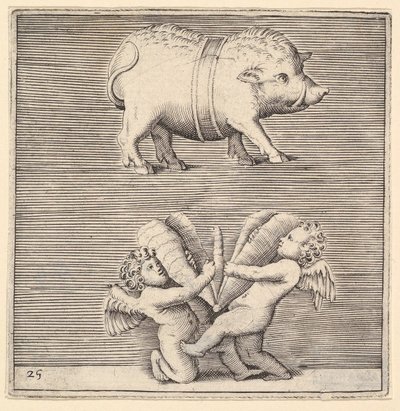 Un maiale con cintura e due cupidi o geni con una farfalla o falena, pubblicato ca. 1599-1622 da Unbekannt