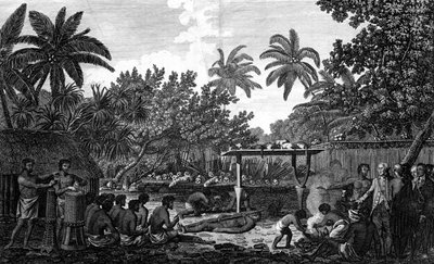Un sacrificio umano in un Morai, a Otaheite, alla presenza del Capitano Cook, c1773 da Unbekannt