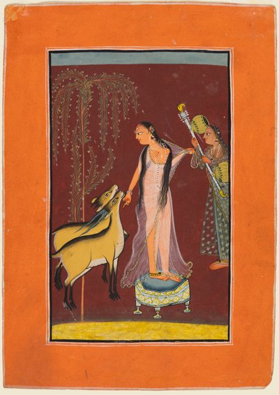 Una signora con attendente e una coppia di cervi, probabilmente Gujari Ragini di Dipak, da un Pahari Ragamala da Unbekannt