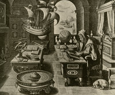 Un esperto di navigazione al lavoro nel suo studio con globo e bussola, c1591, 1928 da Unbekannt