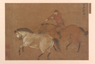 Un cavaliere che cattura un cavallo con il lazo da Unbekannt