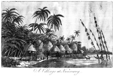 Un villaggio a Nancowry, Isole Nicobare, 1799 da Unbekannt
